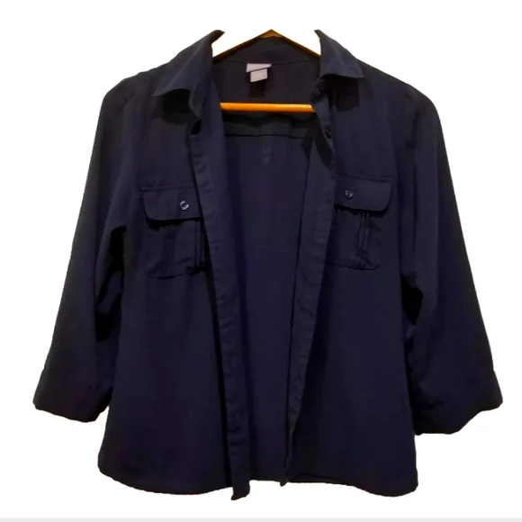 Laura Scott Navy Blue 3/4 Chiffon Sleeve Buttoned Blouse Career Office Casual PS - Picture 3 of 8